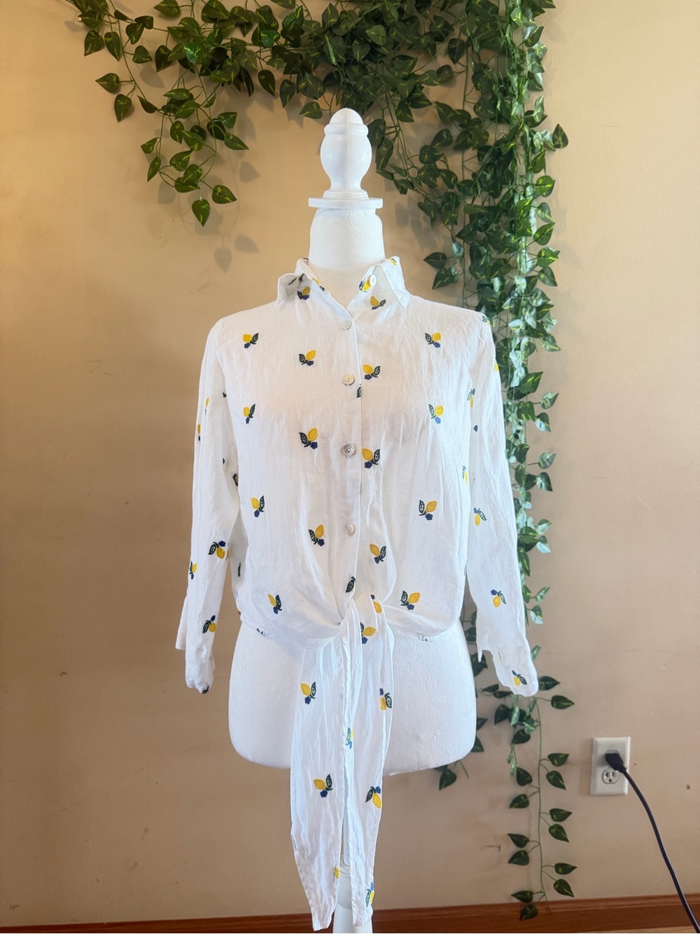 Vanity White Button-Down Shirt with Yellow Floral Print